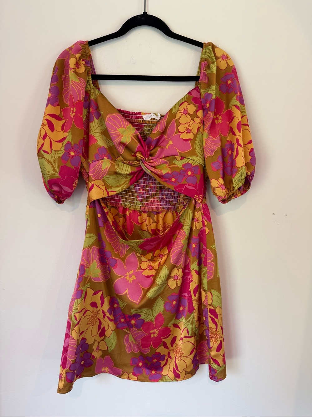 Lush Pink & Green Floral Twist-Front Puff Sleeve Mini Dress